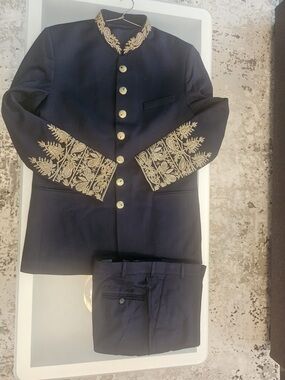 Navy Embroidered Bandhgala Jacket with Matching Pants